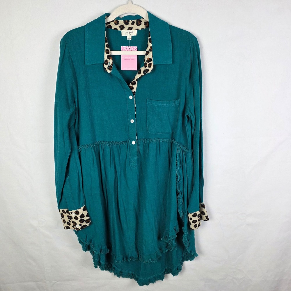 Umgee Teal Green Linen Blend Leopard Trim Fringe Tunic Top/Dress Womens Small